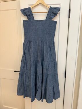 NWT Women's LARGE CAMBRAY BLUE Cotton Dobby Smocked Dress with Ruffle Straps